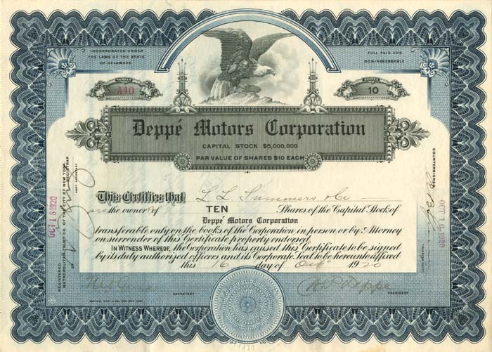 Deppe Motors Corporation signed by H.P. Deppe
